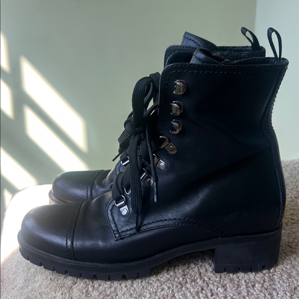 Prada Black Leather High-Top Boots with Lace-Up Design